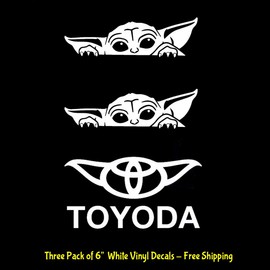 Signage Cafe Peeking Baby Yoda & Toyoda Three Pk 6" White Vinyl Decals Car Truck Windows