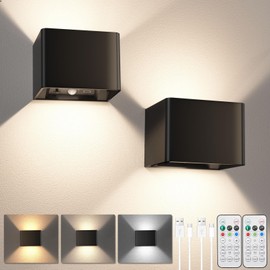 DUMILOO Motion Sensor Wall Light with Remote Control, Rechargeable Battery Operated Wall Sconce with 3 Colors, Wireless Magnetic Wall Lamp, LED Indoor Up and Down Wall Mount Light, Black, 2-Pack