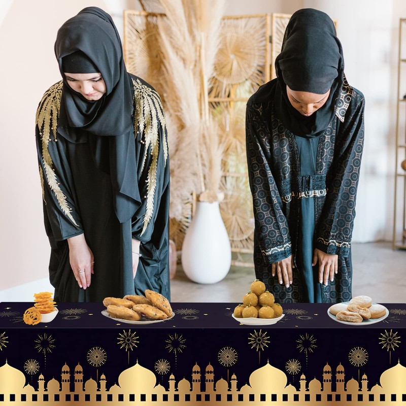 Black Eid Table Cloth Party Plastic Tablecloth,130*220cm Large Eid Ramadan