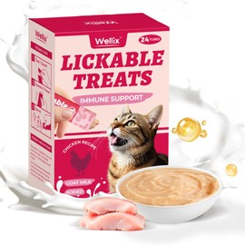 Wellix Squeezable Lickable Cat Treats Healthy - Grain-Free Chicken&Goat Milk Flavor Kitten Snacks (24 Count) - Soft Cats Treats for Immune Support&Promote Digestion