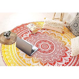 raajsee Orange Round Beach Tapestry Hippie/Boho Beach Blanket Mandala Roundie/Indian Cotton Throw - Round TableCloth/Home Decor/Indie Rug Yoga Mat Meditation Picnic Rugs 50 inch Circle