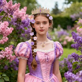 Princess Costume Accessories Set for Women Purple Gold Rhinestone Tiara Crown with Sun Necklace, 18 Pcs Purple Hair Clips for Birthday, Halloween Cosplay, Wedding