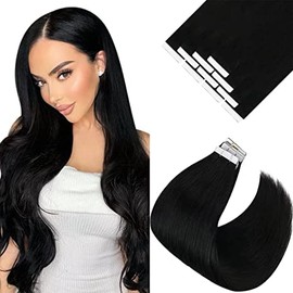 VeSunny Tape on Hair Extensions Black Real Human Hair Tape Extensions Jet Black Invisible Tape ins Black Hair Extensions for Black Women 10pcs 25G 18inch