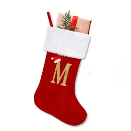 ALIBBON 20 Inches Monogram Christmas Stockings with Initials Large Red Velvet Stockings with White Super Soft Plush Cuff Gold Letter Stockings for Fireplace Christmas Decor (Letter M)
