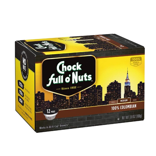 Chock Full o’Nuts Colombian Medium Roast, K-Cup Compatible Pods (12 Count) – Premium Arabica Coffee in Eco-Friendly Keurig-Compatible Single Serve Cups