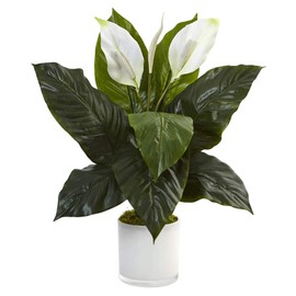 Nearly Natural 26in. Spathiphyllum Artificial Flowering Peace Lily in Glossy Glass Planter Silk Plants Green