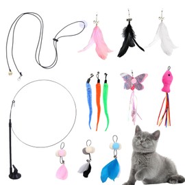 Homiliky Feather Teaser Cat Toy with Bell - 13Pcs Interactive Cat Toys Set, Kitten Wand Toy with Suction Cup & Replacements for Indoor Cats, Fun Teaser for Bored Cats，Includes 11 Replacements