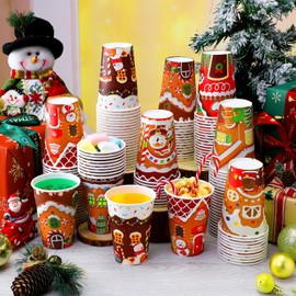 Zhehao 200 Pcs Christmas 12 oz Paper Cups Disposable Coffee Cups Santa Snowman Elk Disposable Hot Tea Paper Xmas Party Drinkware Supplies for Holiday Beverage Cocoa Cold Hot Drink(Gingerbread)