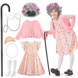 Jeowoqao Old Lady Costume for Kids，100 Days of School Costume Girls Old Lady Wig with Wig Cap，Granny Grandma Dress Up, 100 Days of School Outfit for Girls 5 6 7 Years