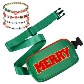 Christmas Fanny Pack With Bracelets For Girls Boys Women, Merry Green Belt Bag, Christmas Merry Purse Sling Crossbody Bags For Holiday Navidad Gifts