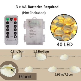 Starryfill Ocean Real Seashell 0.8"(H) 40 LED String Lights 13.85Ft Battery Operated Waterproof Warm White with Timer and Remote Control for Beach Themed Decoration Indoor Covered Outdoor Birthday