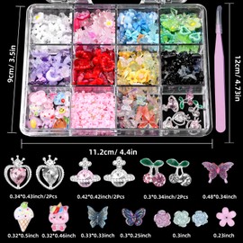 3D Cherry Heart Planet Gem Nail Charms Mixed Colors Assorted Butterfly Pearl Heart Flower Star Bowknot Nail Charms Cute Fruit Bear Rabbit Nail Charms Decor for Nails Manicure DIY Nail Supplies