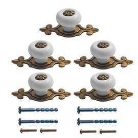 AUXBC 5Pcs Vintage Retro Ceramic Knobs with Zinc Alloy Backplates, Mushroom Shape Pull Handles, Antique Drawer Pull Handles for Dresser Cupboard Cabinet Wardrobe(Bronze+White)