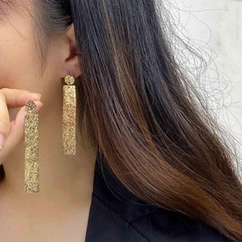 Allereya Vintage Hammered Bar Drop Earrings Wide Bar Dangle Earrings Gold Long Square Earrings Matte Bar Earrings Jewelry for Women and Girls