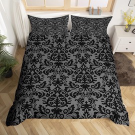 Erosebridal Adults Black Damask Bedding Set Antique Victorian Baroque Duvet Cover Queen Gothic Vintage Floral Comforter Cover Bohemian Exotic Bedspread Cover Microfiber Grey Room Decor 2 Pillow Cases