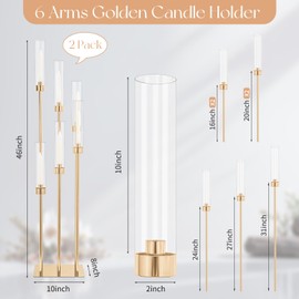 2 PCS 6 Arm Candelabra Candle Holder with Clear lampshades Fit LED Candles,Gold Candle Holder for Wedding Party Decorations, Banquet,Upscale Occasions,Birthday Celebratio