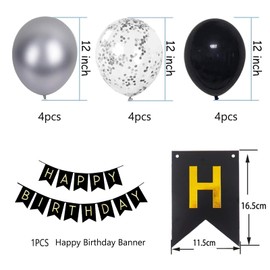 Happy Birthday Banner, Black and silver Birthday Decoration 12 inch Happy Birthday Balloons, Ribbons and Birthday Banners, Happy Birthday Decorations（Black&silver)