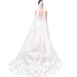 Velo de novia de una sola capa Lianshi Bridal Veil encaje bordado de la novia suministros 3 m (Blanco)
