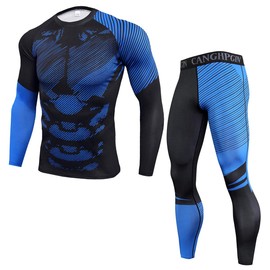 OEBLD Men's Workout Compression Clothes Long Sleeve Compression Shirts and Pants Thermal Base Layer Set Black Navy