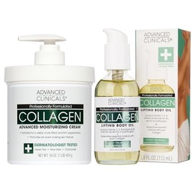 Advanced Clinicals Set crema antienvejecimiento con colágeno y aceite corporal de colágeno. Crema grande de 473,6 g para cara y cuerpo y aceite corporal de 113,4 g para reafirmar y