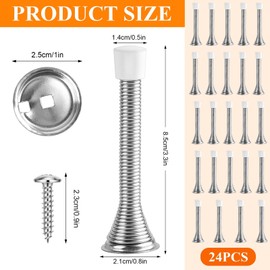 Supkiir 24Pcs Silver Spring Door Stoppers, Stainless Steel Door Stop Wall Protector, Wall Mounted Threaded Flexible Doorstops with Rubber Bumper Baseboard for Home