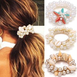 Reaky Perlen-Haargummi, Muschel-Pferdeschwanz-Halter, ausgefallene Seestern-Haargummis, dekoratives Haar-Accessoire für Frauen