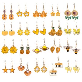 MALOYANVE 20 Pairs Thanksgiving Earrings for Women Fall Set Yellow Theme Harvest Pumpkin Maple Leaf Banana Flower Bee Dangle Earring Autumn Party Holiday Jewerly Gifts (Yellow)