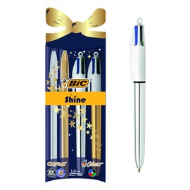 BIC Shine - Ballpoint Pen Gift Set for Christmas - Pack of 4 Pens (4 Colour and Cristal) with Gold and Silver Shiny Barrels - Blue and Black Ink