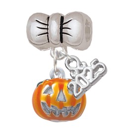 Delight Jewelry Silvertone Small Orange Jack O'Lantern with Stem - Silver-tone Bow Charm Bead Dangle with Mini 2025