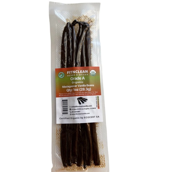1oz. Madagascar Organic Vanilla Beans Gourmet Grade A. Certified USDA Organic 6"-7.5" by FITNCLEAN VANILLA for Cooking, Brewing, Extract Fresh Bourbon NON-GMO Whole Pods