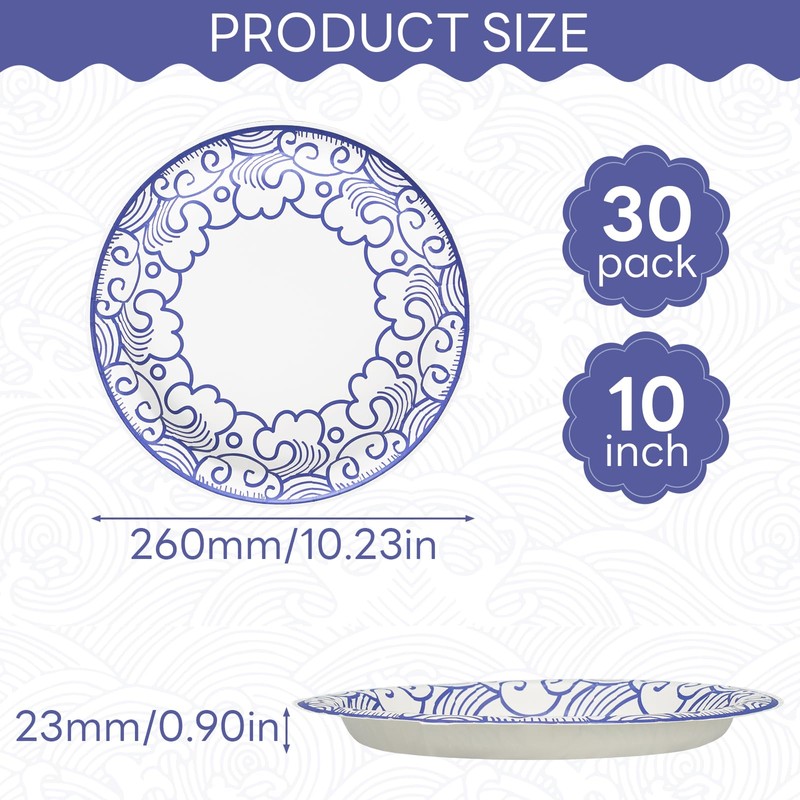 30 Count Large Paper Plates 10 Inch, Blue Floral Disposable
