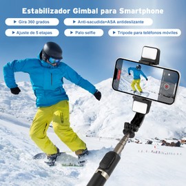 Estabilizador para Celular, Estabilizador de Cardán con Luz de Relleno, Estabilizador de Cardán para Teléfono con Mando Inalámbrico y Trípode, Rotación Automática de 360°,Estabilizador con Palo Selfie