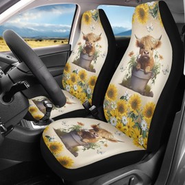 Drydeepin Yellow Sunflower Highland Cow Cattle Car Seat Covers Set of 2 Retro Daisy Flower Butterfly Print Car Accessories Auto Interior Decor Bucket Seat Covers Universal Fit Trucks SUV Van