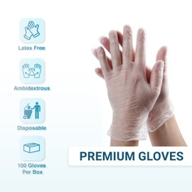 Just Health Disposables 100 x Clear Vinyl Gloves, Medium Gloves - (Box of 100 pcs) | Multipurpose | Powder Free Gloves | Latex Free Gloves | Clear Disposable Gloves