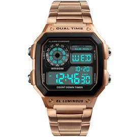 PASOY Men's Digital Multi-Function Watches 2 Time Alarm Stopwatch Countdown Backlight Waterproof Watch (Rose Gold)