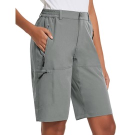 BALEAF Women's Long Shorts Quick Dry Stretch Hiking Cargo Shorts 10 Inseam with Pockets UPF 50+ for Camping, Travel Light Grey Size 2XL