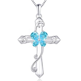 YL Women's Butterfly Cross Necklace Sterling Silver Created Aquamarine Leaves Pendant Crucifix Jewelry for Women