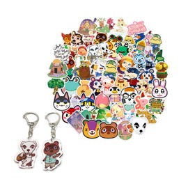 GTOTd Animal Crossing Stickers (100pcs) with Keychain Decor (1Pcs) Cartoon Animal Gifts Merch Party Supplies Vinyl Stickers Guitar Laptop Luggage Water Bottle Decals for Teens