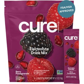 Cure Hydration | Plant-Based Electrolyte Drink Mix | No Added Sugar | FSA-HSA | Dehydration Relief Powder Made with Coconut Water | Non-GMO | Vegan | Pouch of 14 Packets - Berry Pomegranate