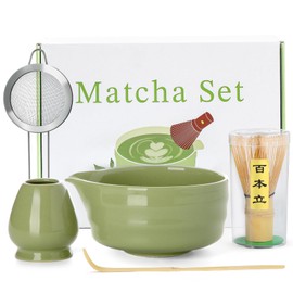 Matcha Whisk Set - 5PCS Matcha Set Includes 17OZ Chawan with Spout, Bamboo Chasen Whisk with Ceramic Holder, Matcha Scoop and Stainless Sifter, Matcha Kit for Ceremony, Gift for Matcha Lovers