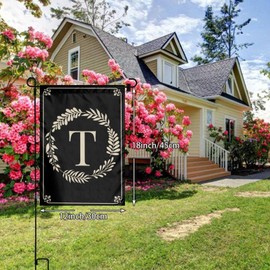 Monogram T - Bandera de jardín de doble cara para exteriores, letra de corona negra para jardín, patio, tamaño 12 x 18 pulgadas