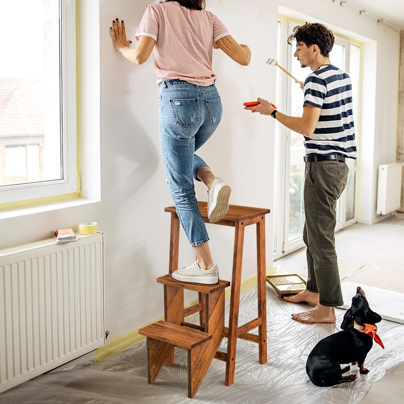 DORTALA 3 Tier Folding Step Stool, Rubber Wood Multifunctional Ladder