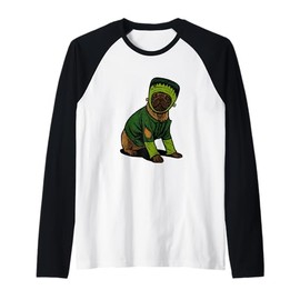 Frankenstein Pug in Green Costume Raglan Baseball Tee