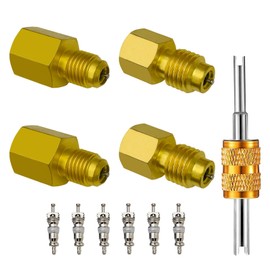 4Pcs 6015 R134A Brass Refrigerant Tank Adapter to R12 Fitting Adapter with Valve Core Remover Tool, 1/2 Female to 1/4 Male and Vacuum Pump Adapter 1/4 Inch Flare Female to 1/2 Inch Male