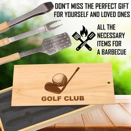 Golf Club Enthusiast Engraved BBQ Set: High-Quality Stainless Steel Grill Tools - Spatula, Tongs, Fork, Ideal for Golfers, Stylized "GOLF CLUB" Design, Perfect for Outdoor Cooking