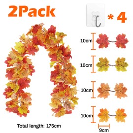 2 Pack Artificial Autumn Fall Maple Leaf Garland, 5.8ft/Piece Hanging Vine Garland with Hooks, Artificial Autumn Leaves Foliage Garland Thanksgiving Decor for Home Wedding Fireplace Party Christmas