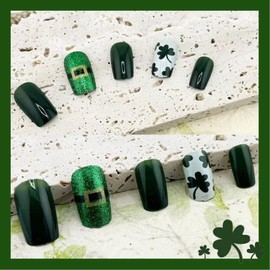 St. Patrick's Day Press on Nails Medium Square Green Shamrock Fake Nails with Glitter Designs Full Cover Glue on Nails Artificial Green Acrylic False Nails for Women Girls Manicure 24 Pcs