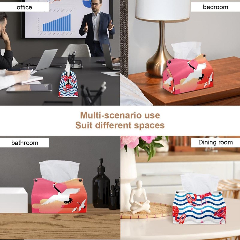 2 Pack Tissue Box Cover Holder, White Cranes Rectangle Leather