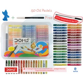50 Assorted Colour Shades DOMS Oil Pastels - Rich Bright Smooth + 4 x ZOFAX Fine Black Ball Pens