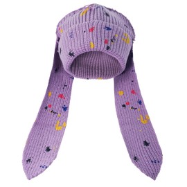 Solyinne Knit Beanie Hats Cute Bunny Long Ears Funny Hat Fluffy Winter Cap Warm Knit Rabbit Crochet Skull Cap Outdoor Slouchy Hat, Doodle Purple, One Size